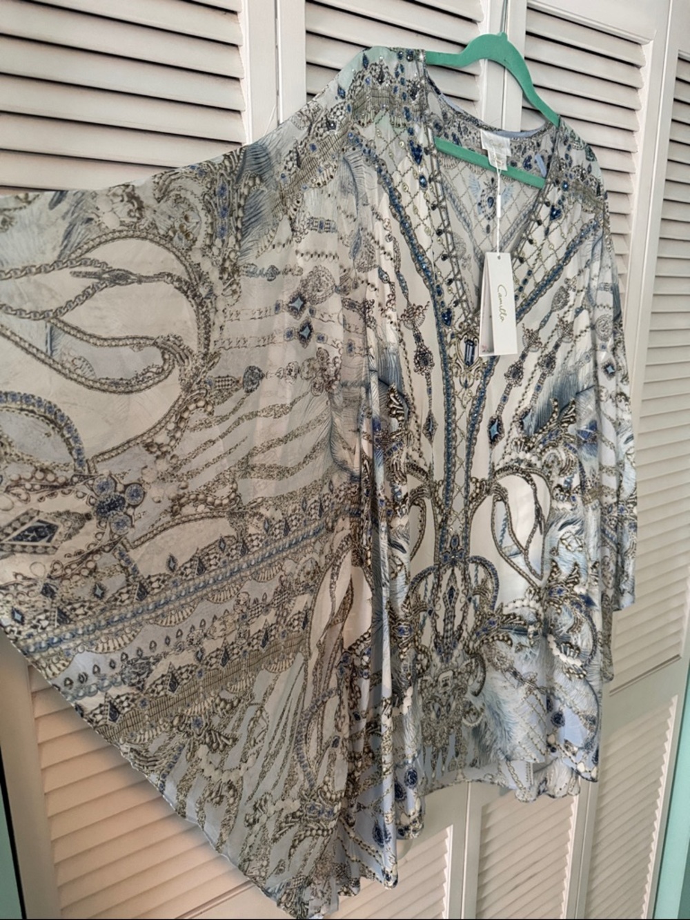 Camilla Embellished Flared Raglan Sleeve Kaftan in Blue & Cream NWT - Picture 5 of 11